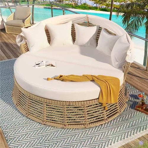 Outdoor Patio Rattan Round Daybed with Retractable Canopy, Wicker