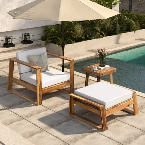 Acacia Wood Outdoor Lounge Set - Chair & Ottoman, Perfect for Patios,